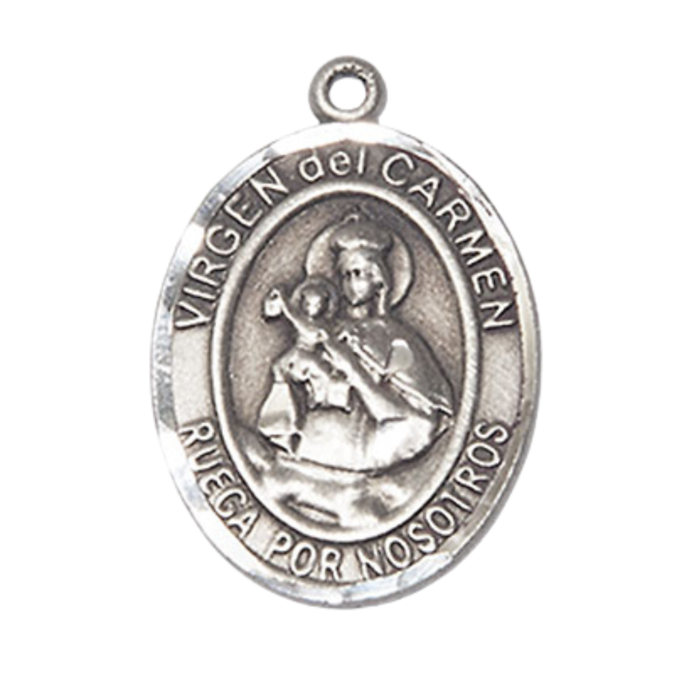 Mens .925 Sterling Silver Virgen del Carmen Medal Pendant on 24 Inch Rhodium Plated Heavy Curb Brass Chain with Lobster Claw clasp, Catholic Religious Necklace - Made in USA- Velvet Gift Box