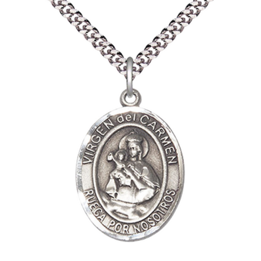 Everlasting Light Jewelry Spanish Script Men's Pewter Virgen del Carmen Medal Pendant on 24 Inch Endless Rhodium Plated Heavy Curb Chain,Catholic Religious Necklace -Made in USA, Deluxe Velvet Gift Box