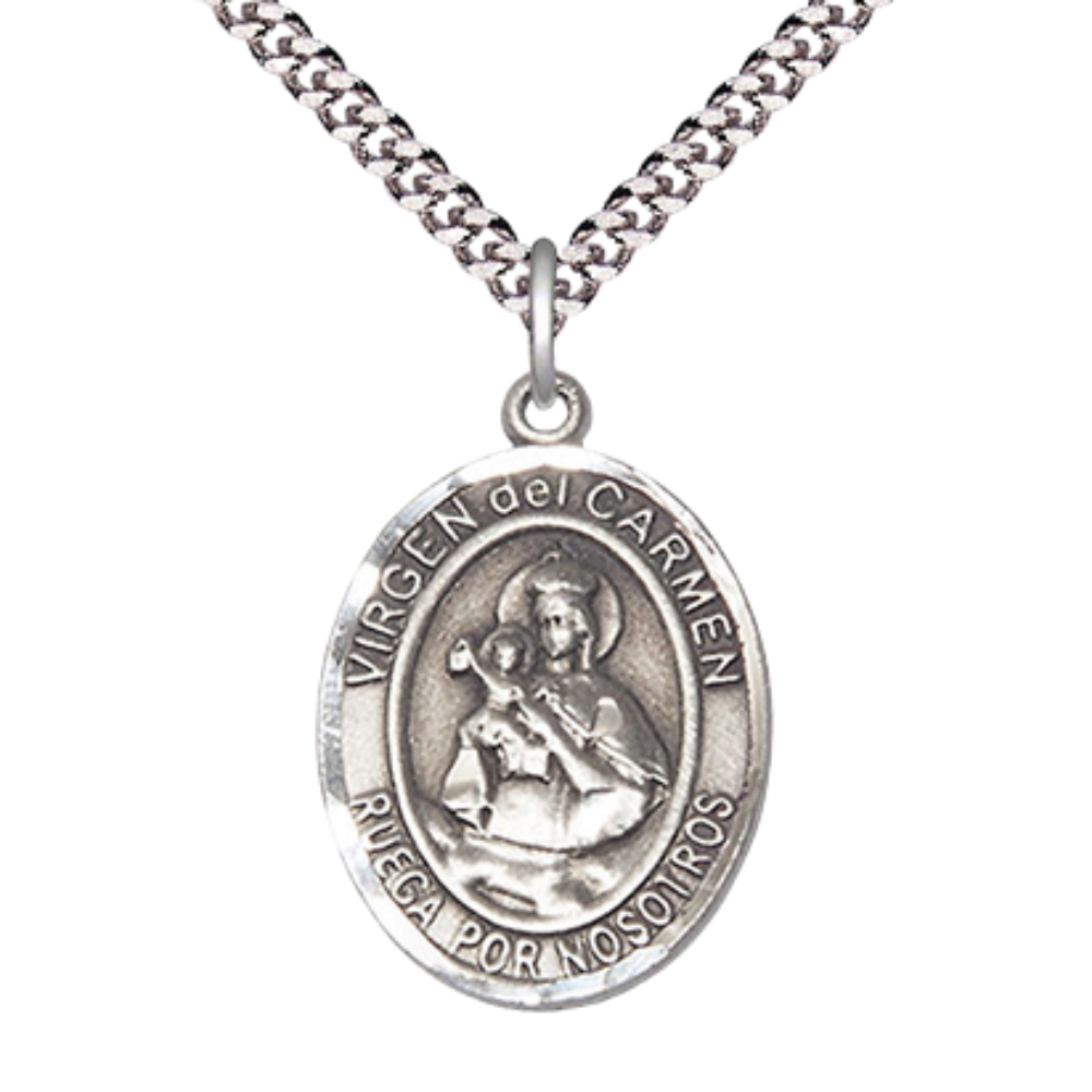 Mens 1 x 3/4" Oval Pewter Virgen del Carmen Medal Pendant on 24 Inch Rhodium Plated Heavy Curb Brass Chain with Lobster Claw clasp, Catholic Religious Necklace - Made in USA - Velvet Gift Box