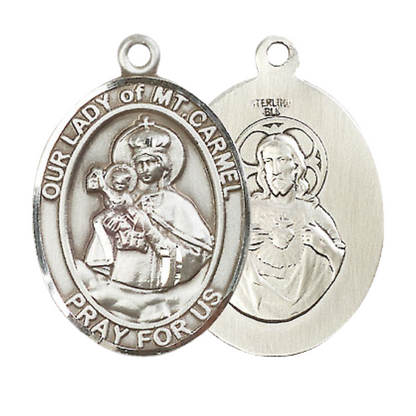 Women's .925 Sterling Silver Our Lady of Mount Carmel Medal Pendant on 18 Inch Rhodium Plated Lite Curb Brass Chain w/ Lobster Claw Clasp, Catholic Religious Necklace - Made in USA- Deluxe Velvet Gift Box