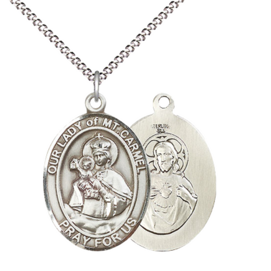 Women's .925 Sterling Silver Our Lady of Mount Carmel Medal Pendant on 18 Inch Rhodium Plated Lite Curb Brass Chain w/ Lobster Claw Clasp, Catholic Religious Necklace - Made in USA- Deluxe Velvet Gift Box