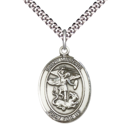 Our Lady of Mount Carmel Men's Medal Necklace – 24 Inch Endless Light Rhodium Plated Heavy Curb Chain – Patron Saint St. of Chile – Exquisite Catholic Religious Jewelry in Velvet Gift Box
