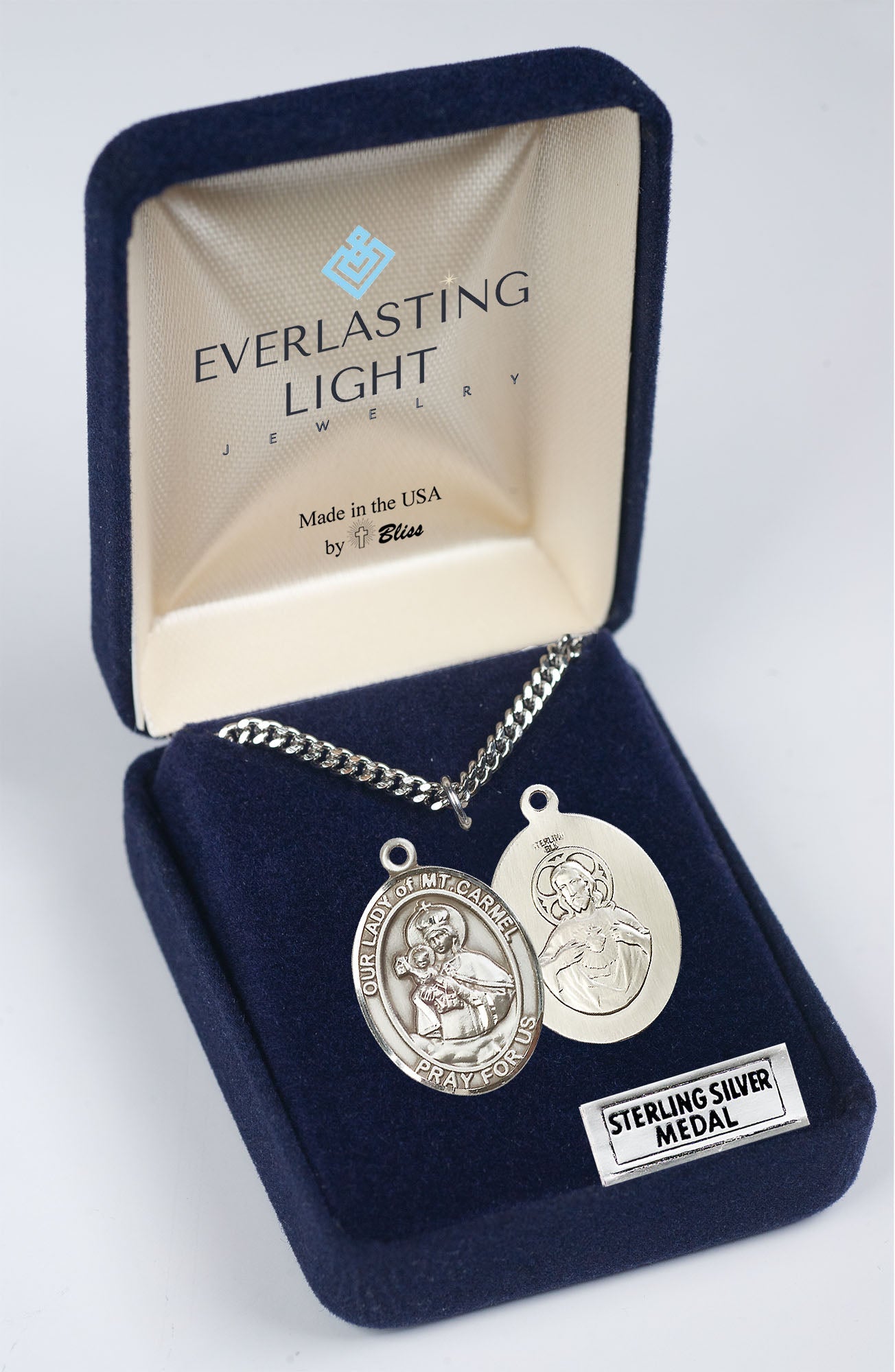 .925 Sterling Silver Saint St. Rene Goupil Medal Pendant on 24 Inch Rhodium Plated Heavy Curb Brass Chain with Lobster Claw clasp, Catholic Religious Necklace - Made in USA- Deluxe Velvet Gift Box