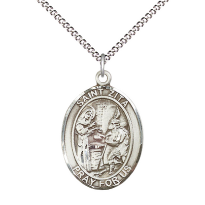 Women's Pewter Saint St. Zita Medal Pendant on 18 Inch Rhodium Plated Lite Curb Brass Chain with Lobster Claw Clasp, Catholic Religious Necklace - Made in USA- Deluxe Velvet Gift Box