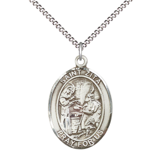 Women's Pewter Saint St. Zita Medal Pendant on 18 Inch Rhodium Plated Lite Curb Brass Chain with Lobster Claw Clasp, Catholic Religious Necklace - Made in USA- Deluxe Velvet Gift Box