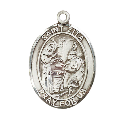 Mens Oval .925 Sterling Silver Saint St. Zita Medal Pendant on 24 Inch Rhodium Plated Heavy Curb Brass Chain with Lobster Claw clasp, Catholic Religious Necklace - Made in USA- Deluxe Velvet Gift Box