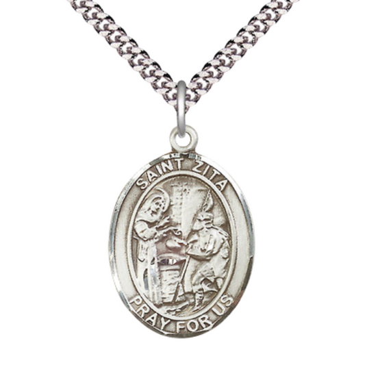 Saint Zita Medal Necklace – 24" Endless Light Rhodium Plated plated Chain – Patron Saint of Servers & Waiters – Elegant Religious Jewelry in Velvet Gift Box