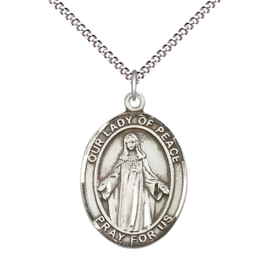 Women's Pewter Our Lady of Peace Medal Pendant on 18 Inch Rhodium Plated Lite Curb Brass Chain with Lobster Claw Clasp, Catholic Religious Necklace - Made in USA- Deluxe Velvet Gift Box