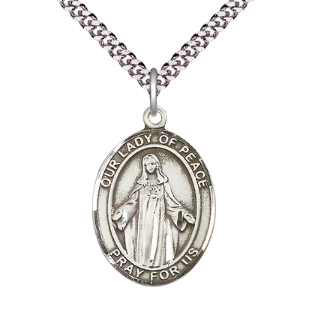 Mens 1 x 3/4" Oval Pewter Our Lady of Peace Medal Pendant on 24 Inch Rhodium Plated Heavy Curb Brass Chain with Lobster Claw clasp, Catholic Religious Necklace - Made in USA- Velvet Gift Box
