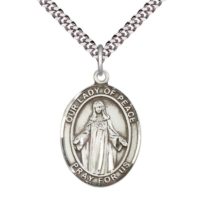 Mens 1 x 3/4" Oval Pewter Our Lady of Peace Medal Pendant on 24 Inch Rhodium Plated Heavy Curb Brass Chain with Lobster Claw clasp, Catholic Religious Necklace - Made in USA- Velvet Gift Box