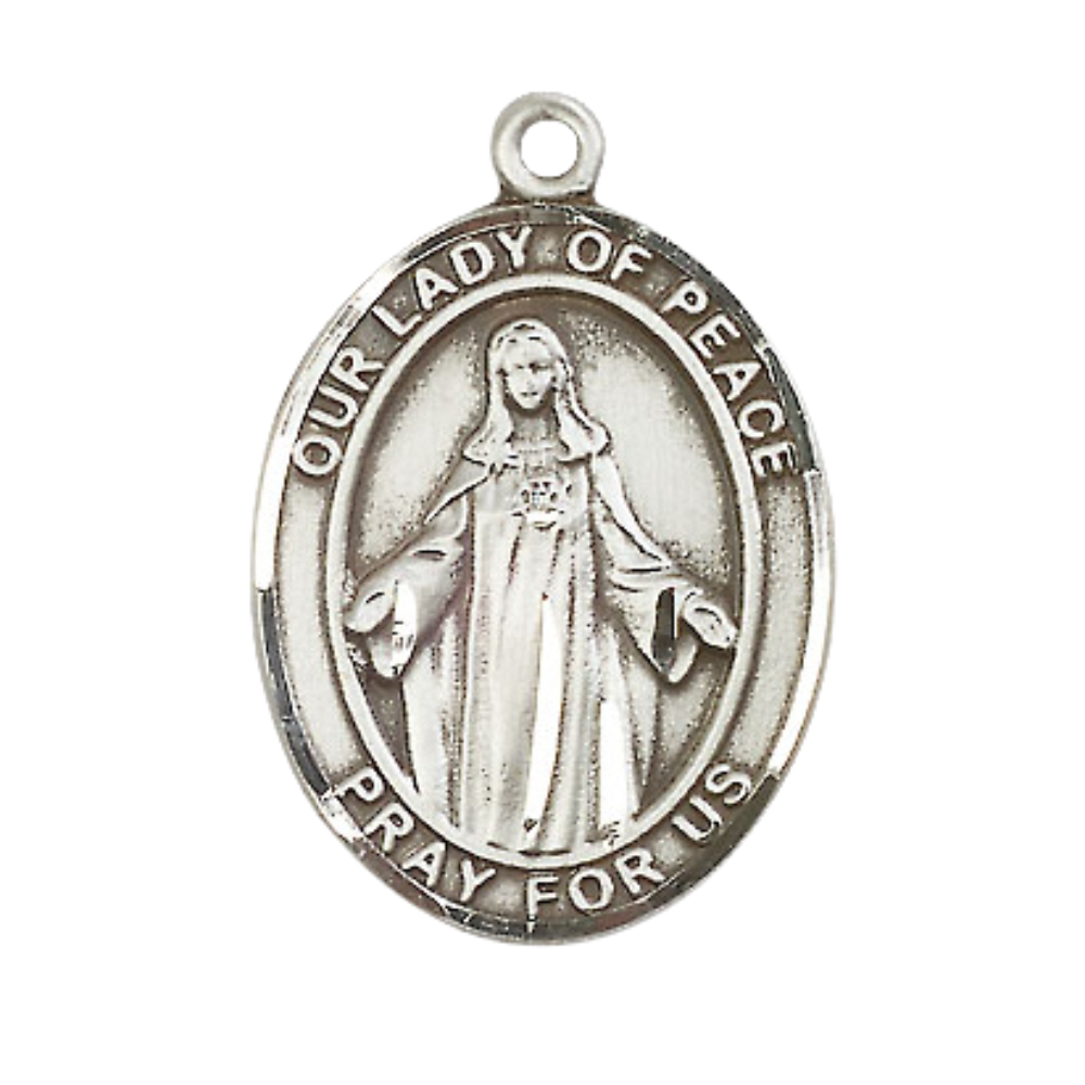 Mens .925 Sterling Silver Our Lady of Peace Medal Pendant on 24 Inch Rhodium Plated Heavy Curb Brass Chain with Lobster Claw clasp, Catholic Religious Necklace - Made in USA- Velvet Gift Box