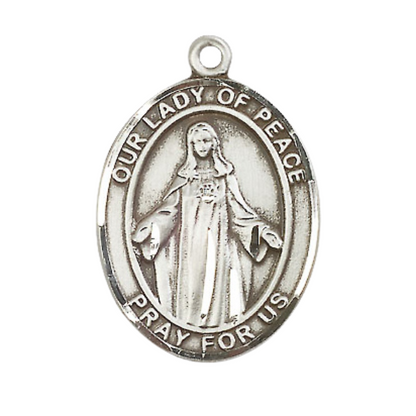 Mens .925 Sterling Silver Our Lady of Peace Medal Pendant on 24 Inch Rhodium Plated Heavy Curb Brass Chain with Lobster Claw clasp, Catholic Religious Necklace - Made in USA- Velvet Gift Box