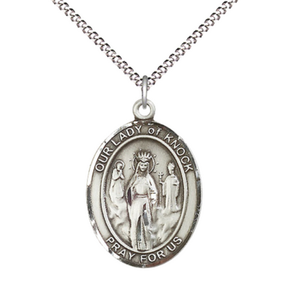 Women's .925 Sterling Silver Our Lady of Knock Medal Pendant on 18 Inch Rhodium Plated Lite Curb Brass Chain with Lobster Claw Clasp, Catholic Religious Necklace - Made in USA- Deluxe Velvet Gift Box