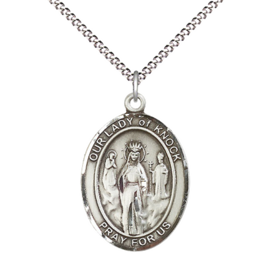 Women's .925 Sterling Silver Our Lady of Knock Medal Pendant on 18 Inch Rhodium Plated Lite Curb Brass Chain with Lobster Claw Clasp, Catholic Religious Necklace - Made in USA- Deluxe Velvet Gift Box