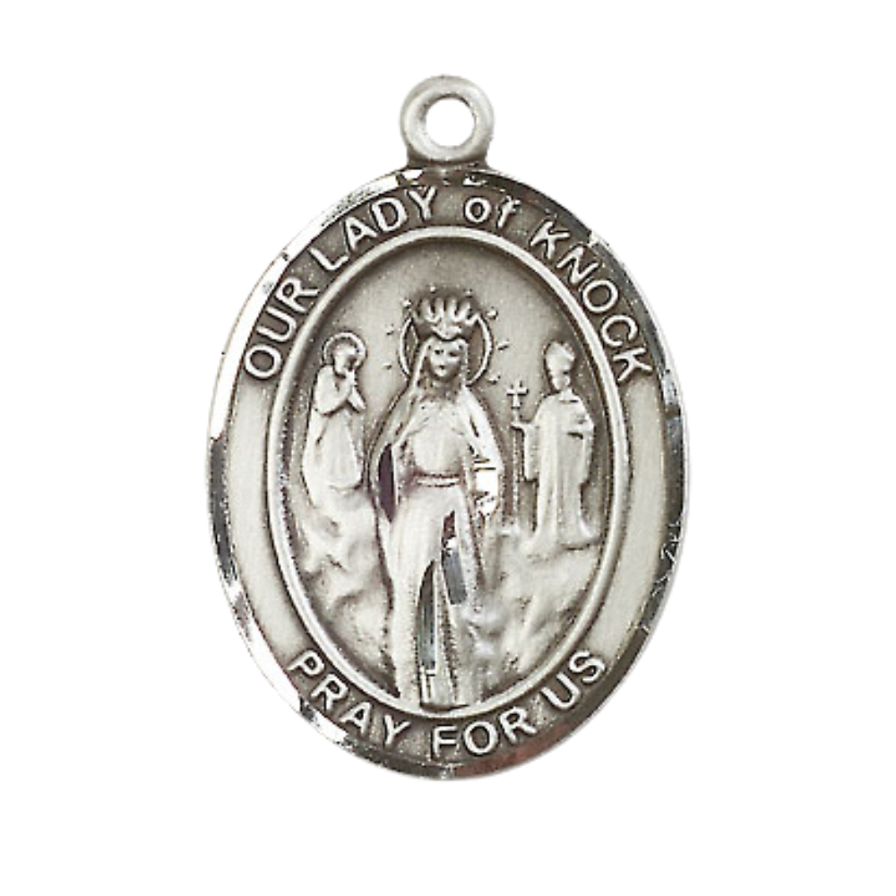 Mens .925 Sterling Silver Our Lady of Knock Medal Pendant on 24 Inch Rhodium Plated Heavy Curb Brass Chain with Lobster Claw clasp, Catholic Religious Necklace - Made in USA- Velvet Gift Box