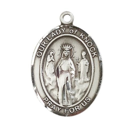 Mens .925 Sterling Silver Our Lady of Knock Medal Pendant on 24 Inch Rhodium Plated Heavy Curb Brass Chain with Lobster Claw clasp, Catholic Religious Necklace - Made in USA- Velvet Gift Box