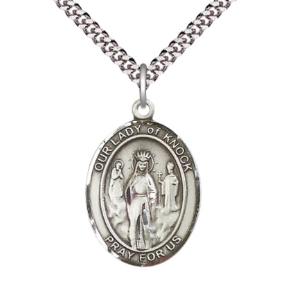 Mens 1 x 3/4" Oval Pewter Our Lady of Knock Medal Pendant on 24 Inch Rhodium Plated Heavy Curb Brass Chain with Lobster Claw clasp, Catholic Religious Necklace - Made in USA- Velvet Gift Box