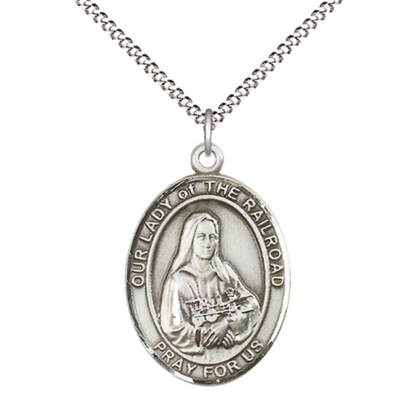 Women's Pewter Our Lady of the Railroad Medal Pendant on 18 Inch Rhodium Plated Lite Curb Brass Chain with Lobster Claw Clasp, Catholic Religious Necklace - Made in USA- Deluxe Velvet Gift Box