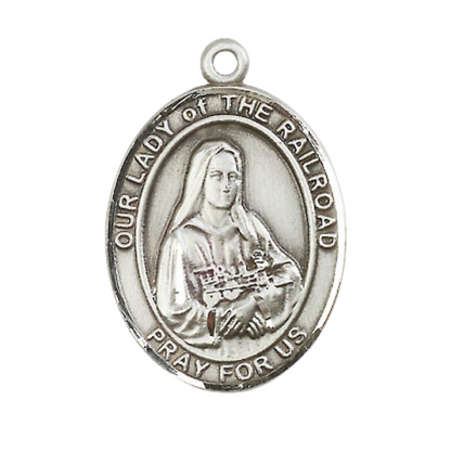 Mens .925 Sterling Silver Our Lady of the Railroad Medal Pendant on 24 Inch Rhodium Plated Heavy Curb Brass Chain with Lobster Claw clasp, Catholic Religious Necklace - Made in USA- Velvet Gift Box