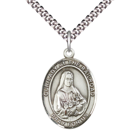 Our Lady of the Railroad Medal Necklace – 24 Inch Endless Light Rhodium Plated plated Chain, Catholic Medal – Velvet Gift Box