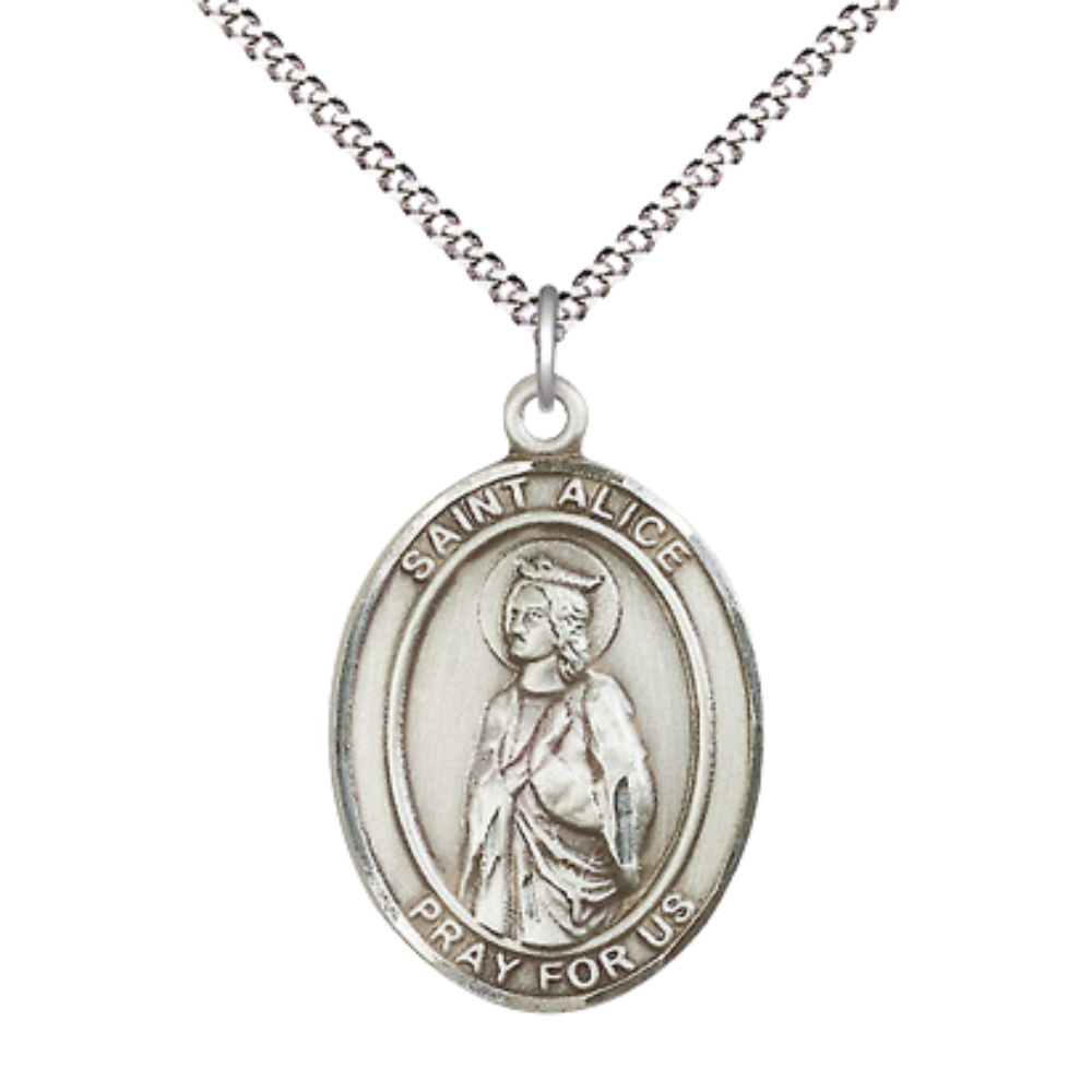 Women's .925 Sterling Silver Saint St. Alice Medal Pendant on 18 Inch Rhodium Plated Lite Curb Brass Chain with Lobster Claw Clasp, Catholic Religious Necklace - Made in USA- Deluxe Velvet Gift Box