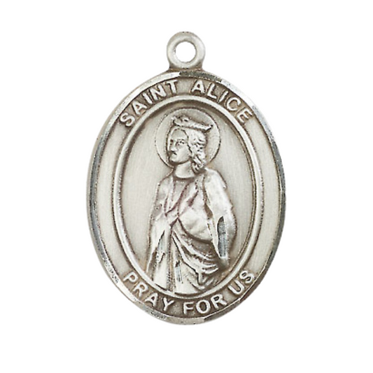 Mens Oval .925 Sterling Silver Saint St. Alice Medal Pendant on 24 Inch Rhodium Plated Heavy Curb Brass Chain with Lobster Claw clasp, Catholic Religious Necklace - Made in USA- Velvet Gift Box