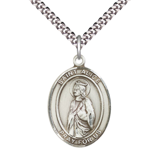 Saint St. Alice Medal Necklace, Catholic Medal - Patron Saint. of the Blind & Paralyzed – 24 Inch Endless Light Rhodium Plated plated Chain – Velvet Gift Box