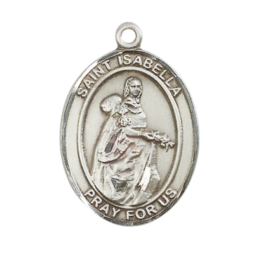 Women's Pewter Saint St. Isabella of Portugal Medal Pendant on 18 Inch Rhodium Plated Lite Curb Brass Chain with Lobster Claw Clasp, Catholic Religious Necklace - Made in USA- Deluxe Velvet Gift Box