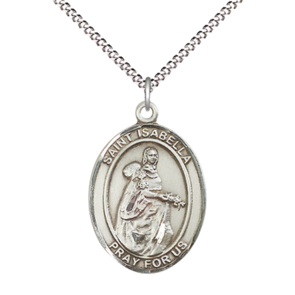 Women's .925 Sterling Silver Saint St. Isabella of Portugal Medal Pendant on 18 Inch Rhodium Plated Lite Curb Brass Chain w/ Lobster Claw Clasp, Catholic Religious Necklace - Made in USA- Velvet Gift Box