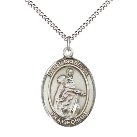 Women's .925 Sterling Silver Saint St. Isabella of Portugal Medal Pendant on 18 Inch Rhodium Plated Lite Curb Brass Chain w/ Lobster Claw Clasp, Catholic Religious Necklace - Made in USA- Velvet Gift Box