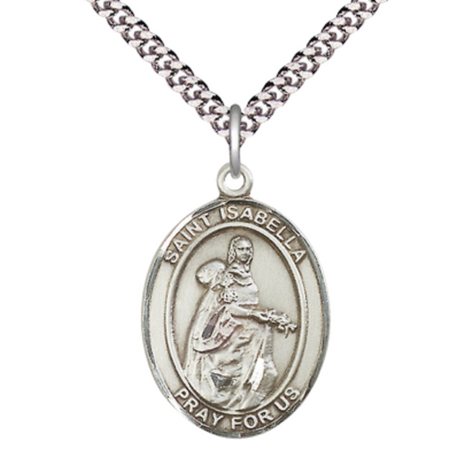 Saint St. Isabella of Portugal Men's Medal Necklace – Patron Saint St. of Peace & Charities – 24 Inch Endless Light Rhodium Plated Heavy Curb Chain, Catholic Medal – Velvet Gift Box