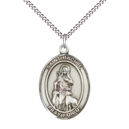 Women's Pewter Saint St. Rachel Medal Pendant on 18 Inch Rhodium Plated Lite Curb Brass Chain with Lobster Claw Clasp, Catholic Religious Necklace - Made in USA- Deluxe Velvet Gift Box