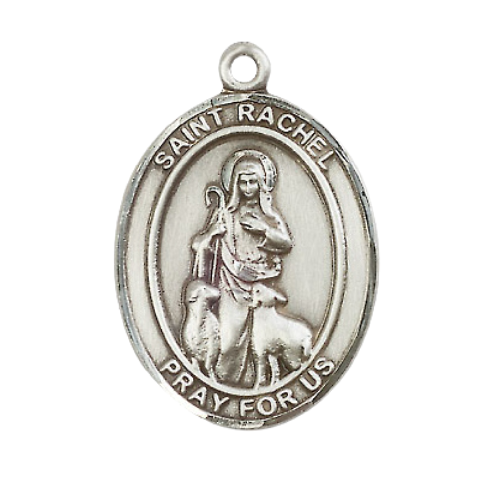 Women's Pewter Saint St. Rachel Medal Pendant on 18 Inch Rhodium Plated Lite Curb Brass Chain with Lobster Claw Clasp, Catholic Religious Necklace - Made in USA- Deluxe Velvet Gift Box
