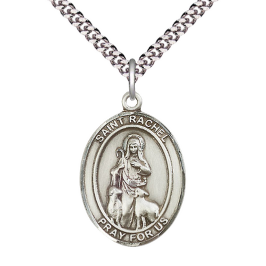 Saint St. Rachel Men's Medal Necklace – 24 Inch Endless Light Rhodium Plated Heavy Curb Chain, Catholic Medal – Velvet Gift Box