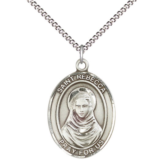 Everlasting Light Jewelry Women's Pewter Patron Saint St. Rebecca Medal Pendant with 18 Inch Rhodium- Plated Lite Curb Brass Chain Catholic Religious Necklace - Made in USA, Deluxe Velvet Gift Box