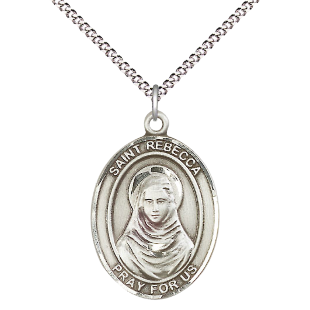 Women's .925 Sterling Silver Patron Saint St. Rebecca Medal Pendant with 18 Inch Rhodium Plated Lite Curb Brass Chain Catholic Religious Necklace - Made in USA, Deluxe Velvet Gift Box