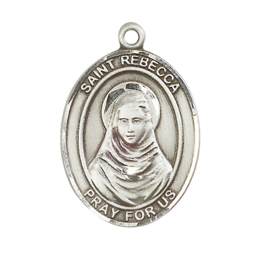 Mens Oval .925 Sterling Silver Saint St. Rebecca Medal Pendant on 24 Inch Rhodium Plated Heavy Curb Brass Chain with Lobster Claw clasp, Catholic Religious Necklace - Made in USA- Velvet Gift Box