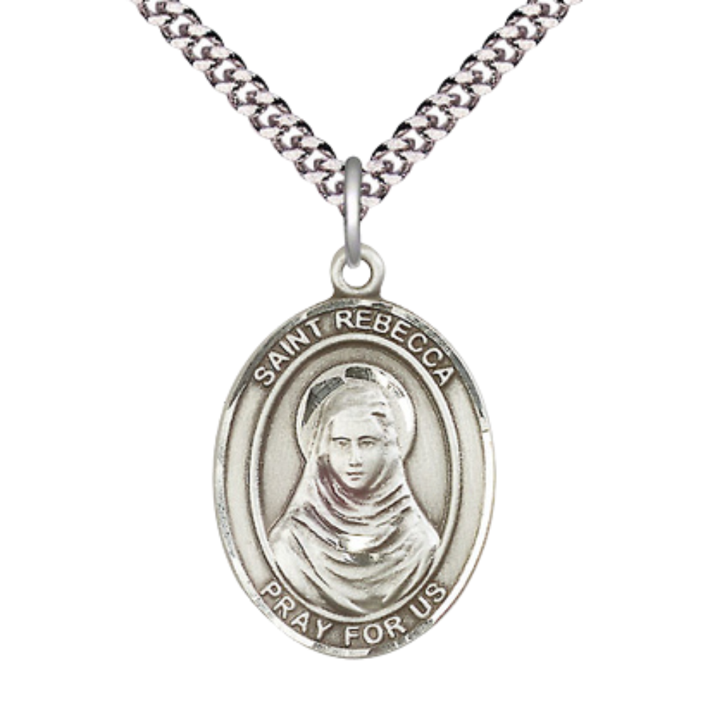 Saint Rebecca Men's Medal Necklace – Patron Saint of Sickness – 24" Endless Light Rhodium Plated Heavy Curb Chain – Velvet Gift Box
