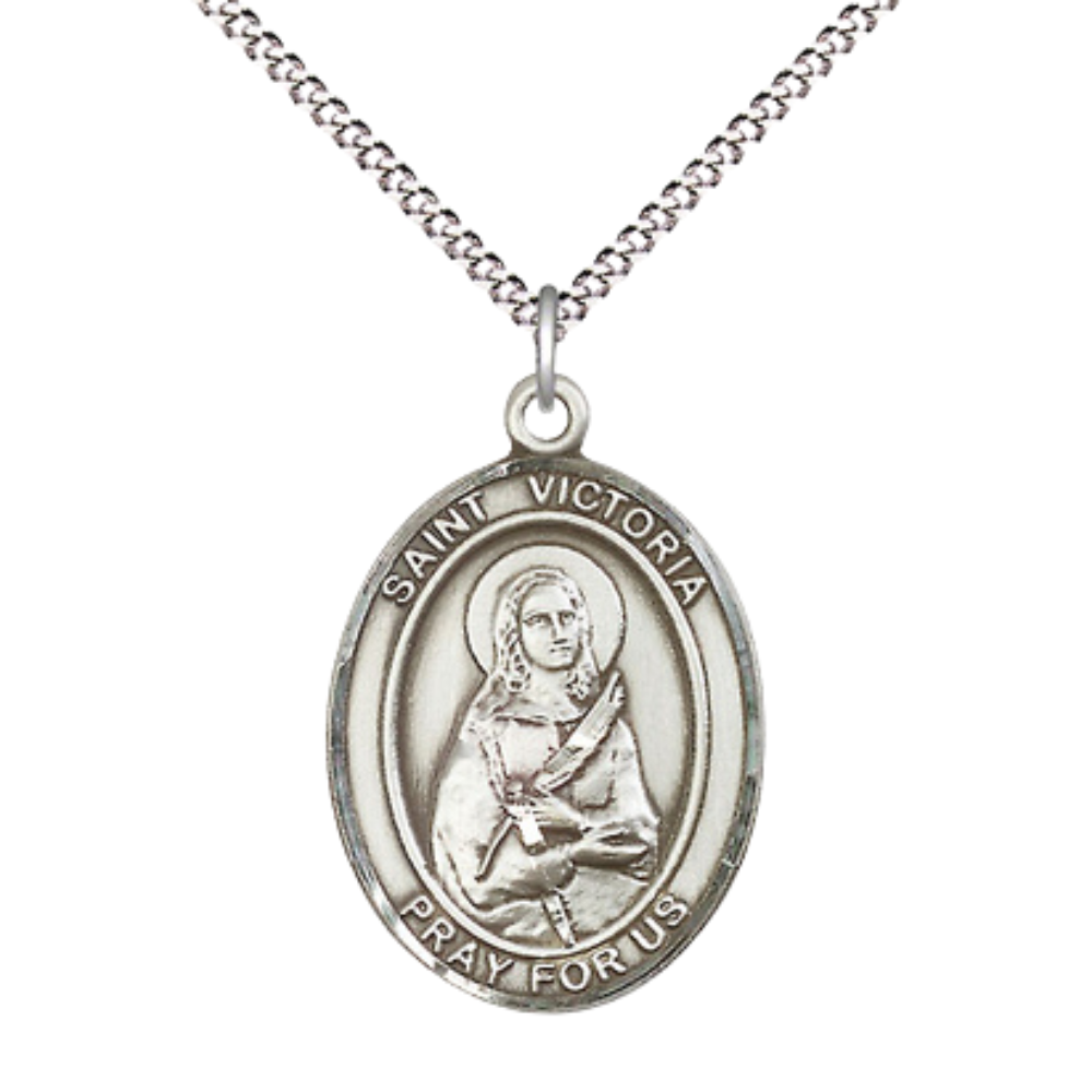 Women's .925 Sterling Silver Saint St. Victoria Medal Pendant on 18 Inch Rhodium Plated Lite Curb Brass Chain with Lobster Claw Clasp, Catholic Religious Necklace - Made in USA- Deluxe Velvet Gift Box