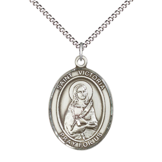 Women's .925 Sterling Silver Saint St. Victoria Medal Pendant on 18 Inch Rhodium Plated Lite Curb Brass Chain with Lobster Claw Clasp, Catholic Religious Necklace - Made in USA- Deluxe Velvet Gift Box