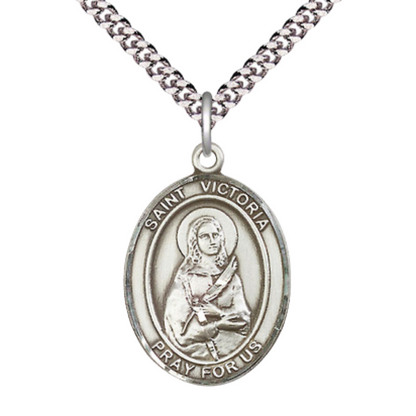 Saint St. Victoria Men's Medal Necklace – 24 Inch Endless Light Rhodium Plated Heavy Curb Chain, Catholic Medal – Velvet Gift Box