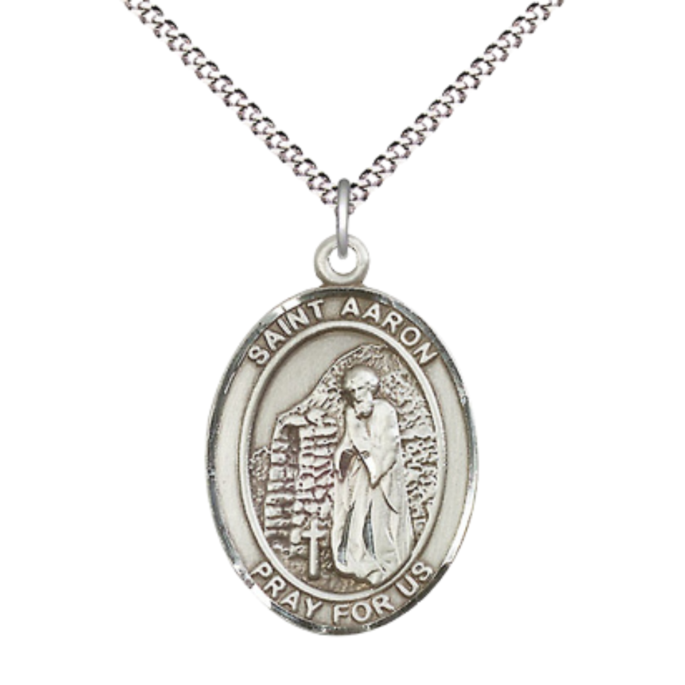 Women's Pewter Saint St. Aaron Medal Pendant on 18 Inch Rhodium Plated Lite Curb Brass Chain with Lobster Claw Clasp, Catholic Religious Necklace - Made in USA- Deluxe Velvet Gift Box