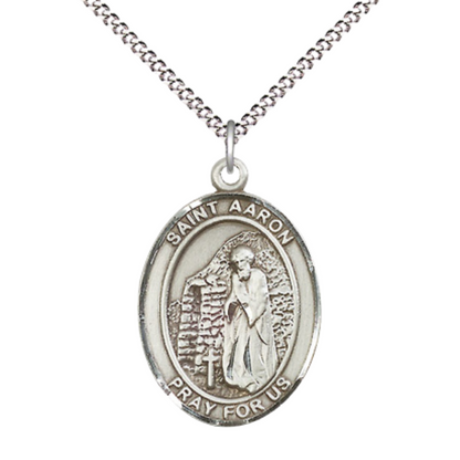 Women's Pewter Saint St. Aaron Medal Pendant on 18 Inch Rhodium Plated Lite Curb Brass Chain with Lobster Claw Clasp, Catholic Religious Necklace - Made in USA- Deluxe Velvet Gift Box