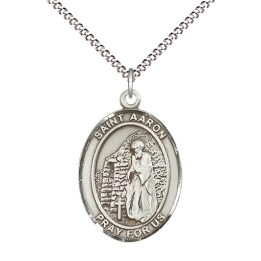 Women's .925 Sterling Silver Saint St. Aaron Medal Pendant on 18 Inch Rhodium Plated Lite Curb Brass Chain with Lobster Claw Clasp, Catholic Religious Necklace - Made in USA- Deluxe Velvet Gift Box