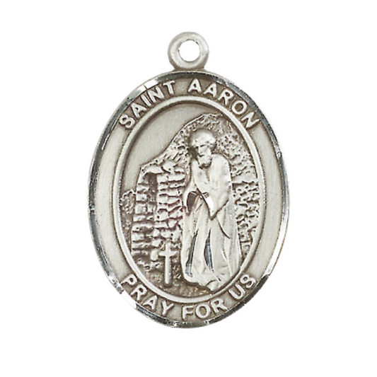 Mens Oval .925 Sterling Silver Saint St. Aaron Medal Pendant on 24 Inch Rhodium Plated Heavy Curb Brass Chain with Lobster Claw clasp, Catholic Religious Necklace - Made in USA- Velvet Gift Box