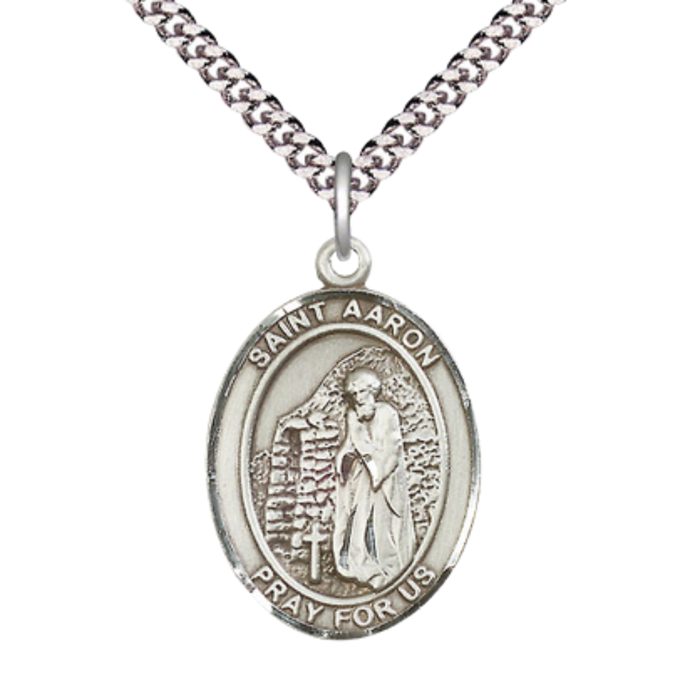 Mens 1 x 3/4" Oval Pewter Saint Aaron Medal Pendant on 24 inch Rhodium Plated Heavy Curb Brass Chain with Lobster Claw clasp, Catholic Religious Necklace -Made in USA- Deluxe Velvet Gift Box