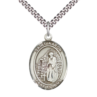 Mens 1 x 3/4" Oval Pewter Saint Aaron Medal Pendant on 24 inch Rhodium Plated Heavy Curb Brass Chain with Lobster Claw clasp, Catholic Religious Necklace -Made in USA- Deluxe Velvet Gift Box