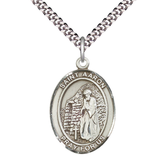 Mens 1 x 3/4" Oval Pewter Saint Aaron Medal Pendant on 24 inch Rhodium Plated Heavy Curb Brass Chain with Lobster Claw clasp, Catholic Religious Necklace -Made in USA- Deluxe Velvet Gift Box