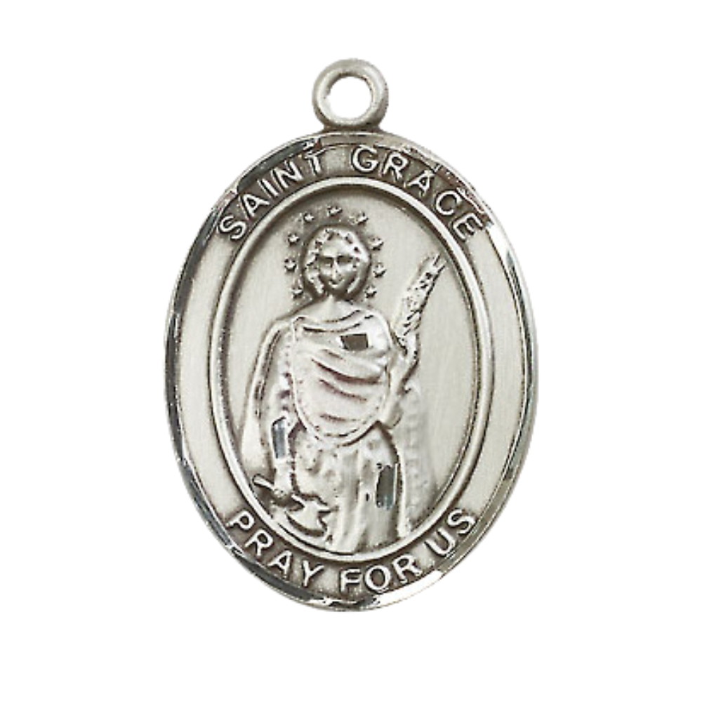 Women's .925 Sterling Silver Saint St. Grace Medal Pendant on 18 Inch Rhodium Plated Lite Curb Brass Chain with Lobster Claw Clasp, Catholic Religious Necklace - Made in USA- Deluxe Velvet Gift Box