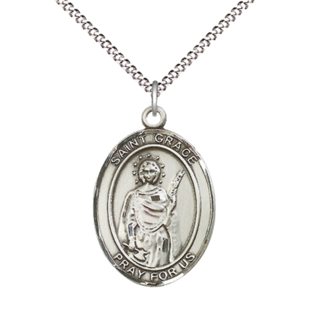 Women's .925 Sterling Silver Saint St. Grace Medal Pendant on 18 Inch Rhodium Plated Lite Curb Brass Chain with Lobster Claw Clasp, Catholic Religious Necklace - Made in USA- Deluxe Velvet Gift Box